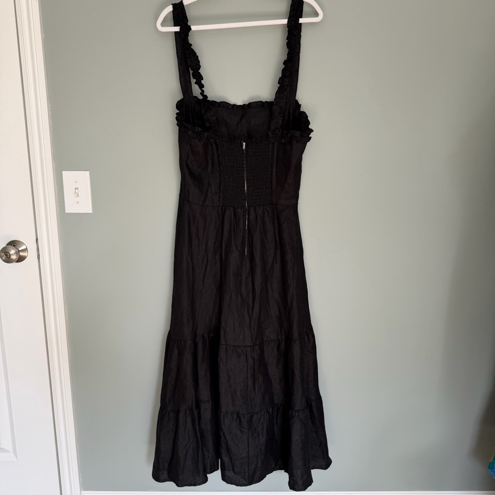Reformation "Hyla" 100% Linen Black Sleeveless Ruffle-Trim Tiered Midi Dress - Picture 7 of 14